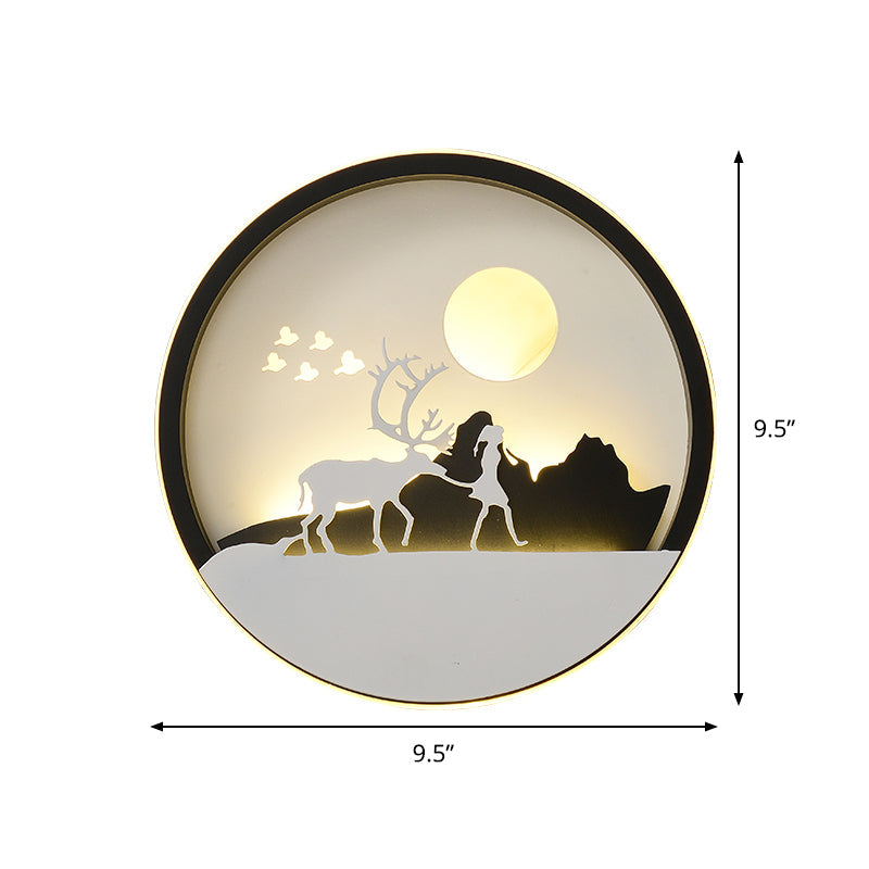 Rynx | Metal Round Wall Lighting Idea Modernistic LED Black Wall Lamp Wall Mount with Deer and Girl/Eagle/Windmill Design