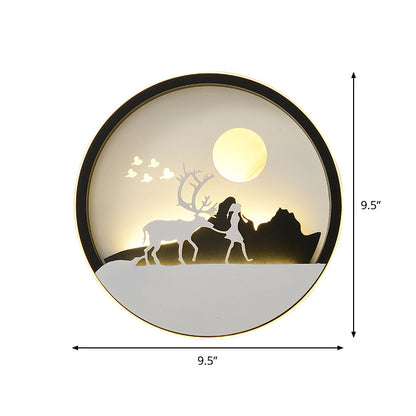 Rynx | Metal Round Wall Lighting Idea Modernistic LED Black Wall Lamp Wall Mount with Deer and Girl/Eagle/Windmill Design