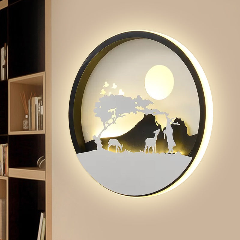 Rynx | Metal Round Wall Lighting Idea Modernistic LED Black Wall Lamp Wall Mount with Deer and Girl/Eagle/Windmill Design