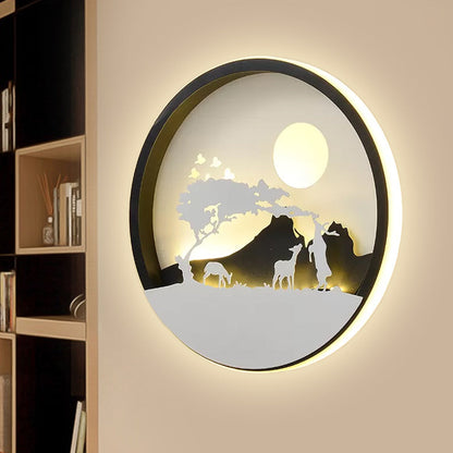 Rynx | Metal Round Wall Lighting Idea Modernistic LED Black Wall Lamp Wall Mount with Deer and Girl/Eagle/Windmill Design
