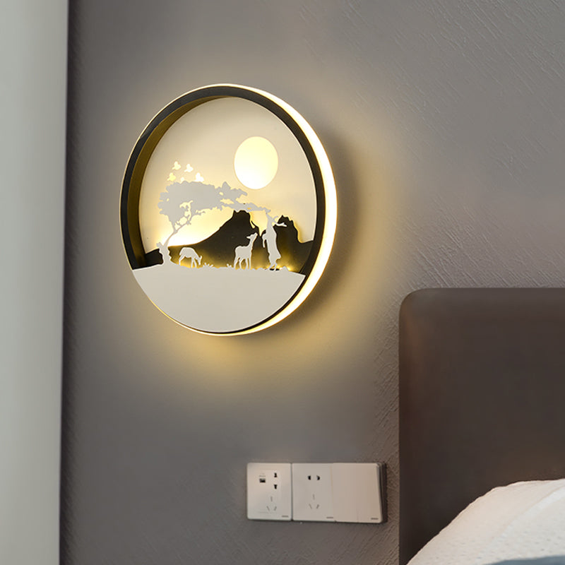 Rynx | Metal Round Wall Lighting Idea Modernistic LED Black Wall Lamp Wall Mount with Deer and Girl/Eagle/Windmill Design