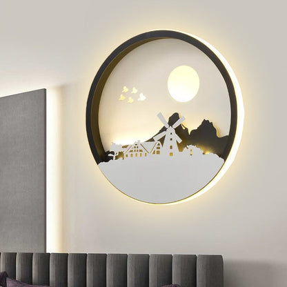 Rynx | Metal Round Wall Lighting Idea Modernistic LED Black Wall Lamp Wall Mount with Deer and Girl/Eagle/Windmill Design