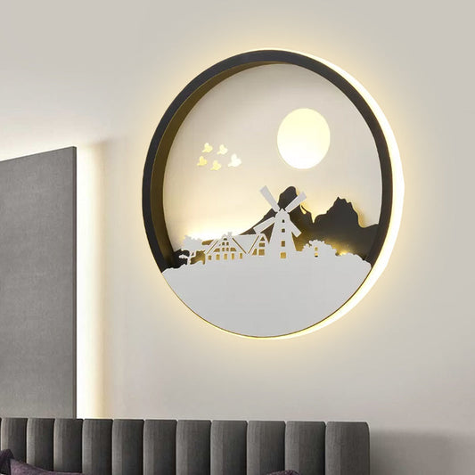 Rynx | Metal Round Wall Lighting Idea Modernistic LED Black Wall Lamp Wall Mount with Deer and Girl/Eagle/Windmill Design