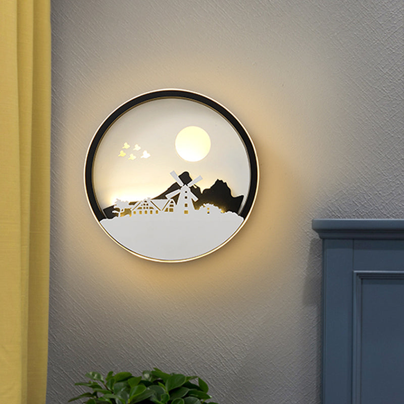 Rynx | Metal Round Wall Lighting Idea Modernistic LED Black Wall Lamp Wall Mount with Deer and Girl/Eagle/Windmill Design