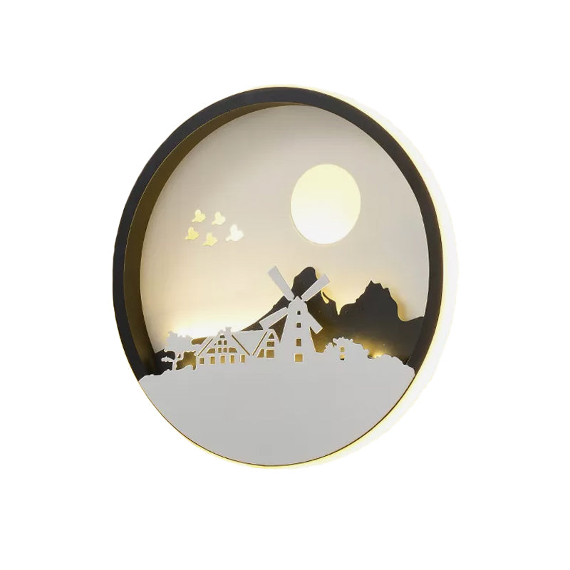 Rynx | Metal Round Wall Lighting Idea Modernistic LED Black Wall Lamp Wall Mount with Deer and Girl/Eagle/Windmill Design