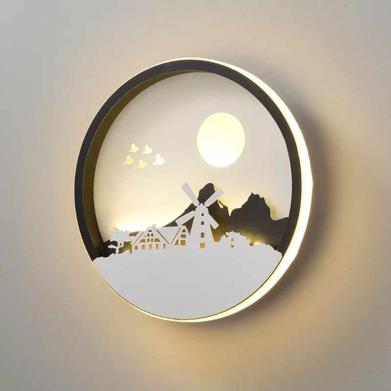 Rynx | Metal Round Wall Lighting Idea Modernistic LED Black Wall Lamp Wall Mount with Deer and Girl/Eagle/Windmill Design