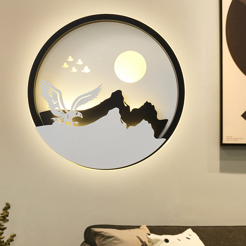 Rynx | Metal Round Wall Lighting Idea Modernistic LED Black Wall Lamp Wall Mount with Deer and Girl/Eagle/Windmill Design
