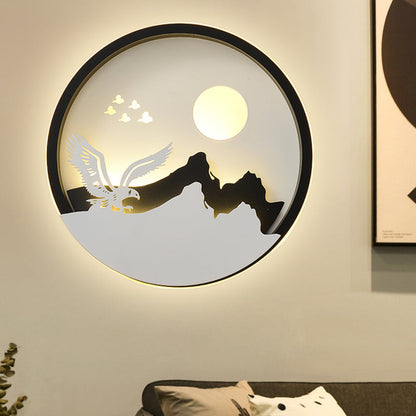 Rynx | Metal Round Wall Lighting Idea Modernistic LED Black Wall Lamp Wall Mount with Deer and Girl/Eagle/Windmill Design