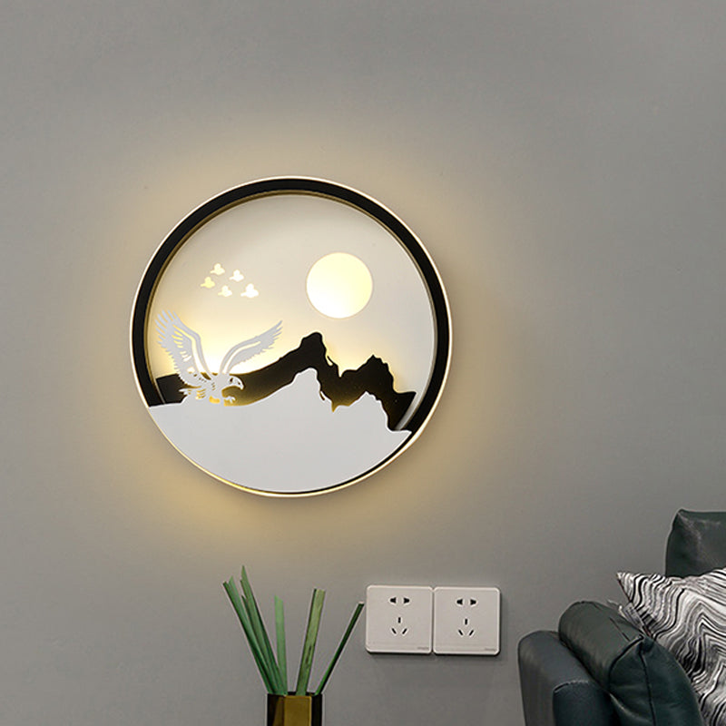 Rynx | Metal Round Wall Lighting Idea Modernistic LED Black Wall Lamp Wall Mount with Deer and Girl/Eagle/Windmill Design