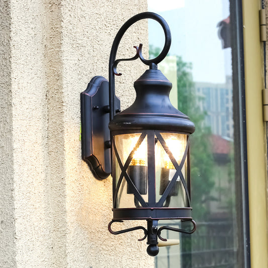 Rynx | Iron Black Wall Lighting Device Lantern 2 Bulbs Rustic Wall Light with Clear Glass Shade