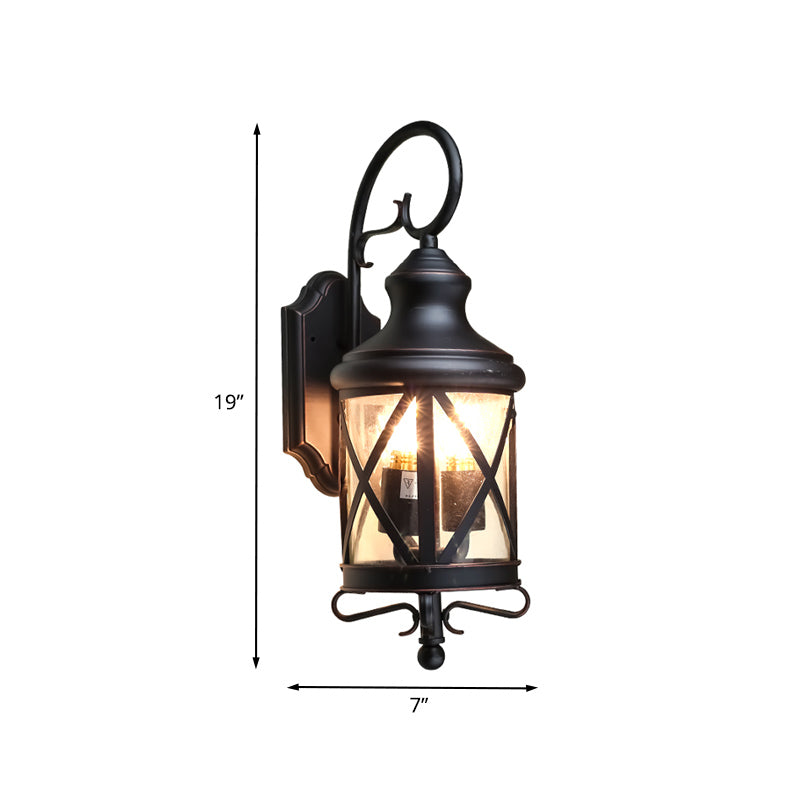 Rynx | Iron Black Wall Lighting Device Lantern 2 Bulbs Rustic Wall Light with Clear Glass Shade