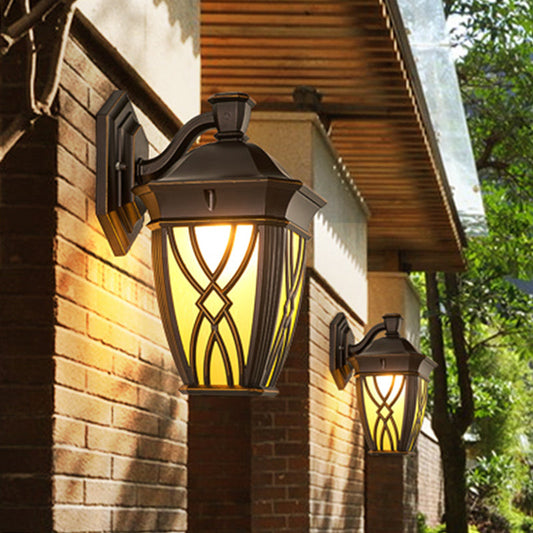 Rynx | Curved Arm Frosted Glass Wall Lamp Rustic 1 Bulb Outdoor Lighting Fixture in Coffee