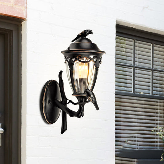 Rynx | Clear glass urn wall lamp Countryside 1 light Patio wall lighting in black with bird decor