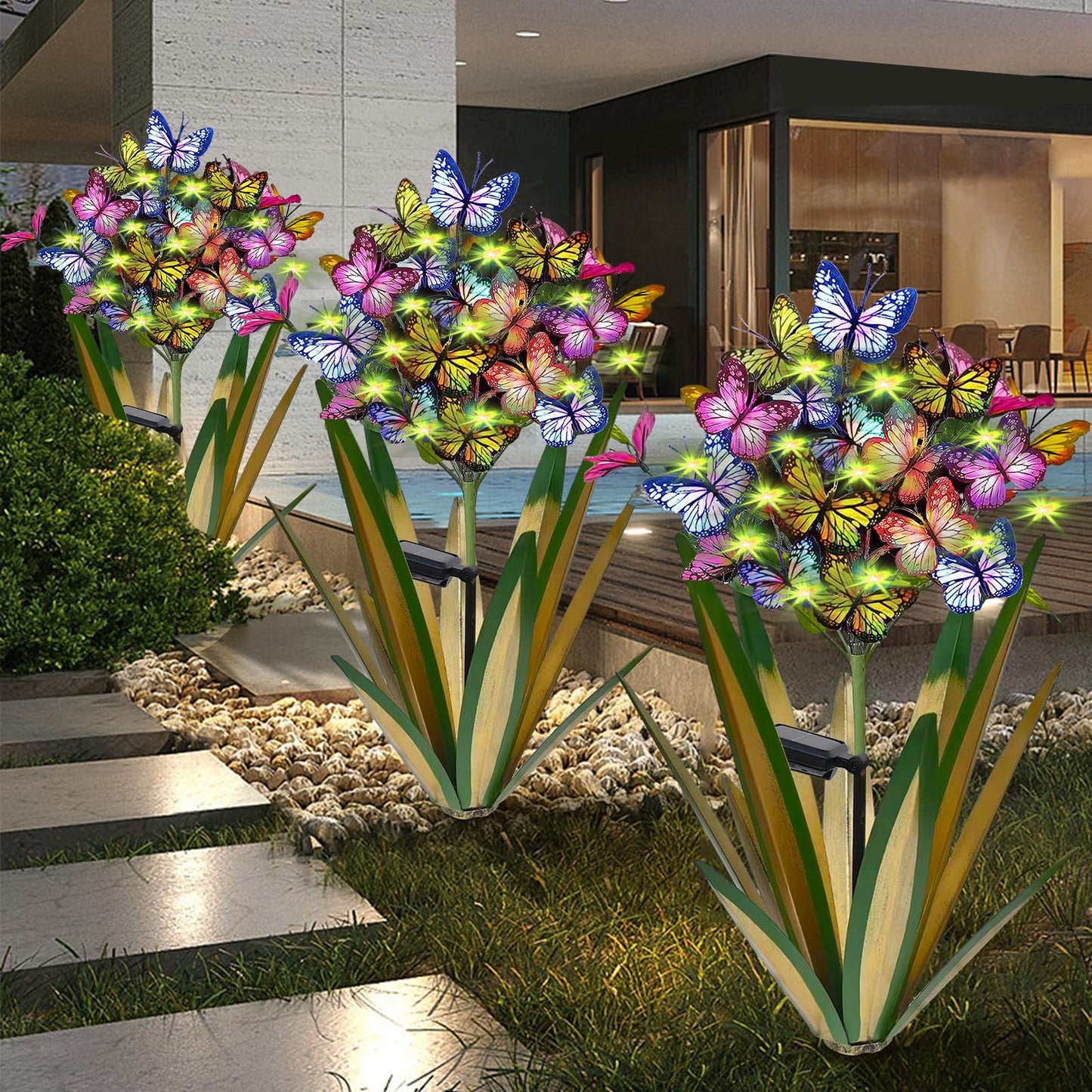 Rynx | Solar Metal Agave Butterfly Flower Stick Garden Sculpture - Outdoor Gift, Christmas Lights, Swinging Butterfly, Sunflower - Solar Energy Outdoor Statues (3 pcs Light Green)