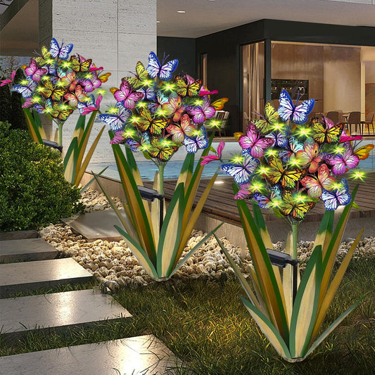 Rynx | Solar Metal Agave Butterfly Flower Stick Garden Sculpture - Outdoor Gift, Christmas Lights, Swinging Butterfly, Sunflower - Solar Energy Outdoor Statues (3 pcs Light Green)