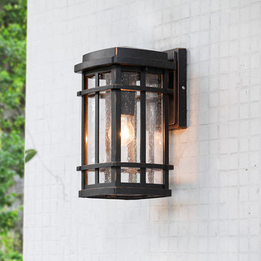 Rynx | Black 1 Bulb Wall Light Fixture Farmhouse Clear Seeded Glass Rectangle Wall Lamp with Metal Frame
