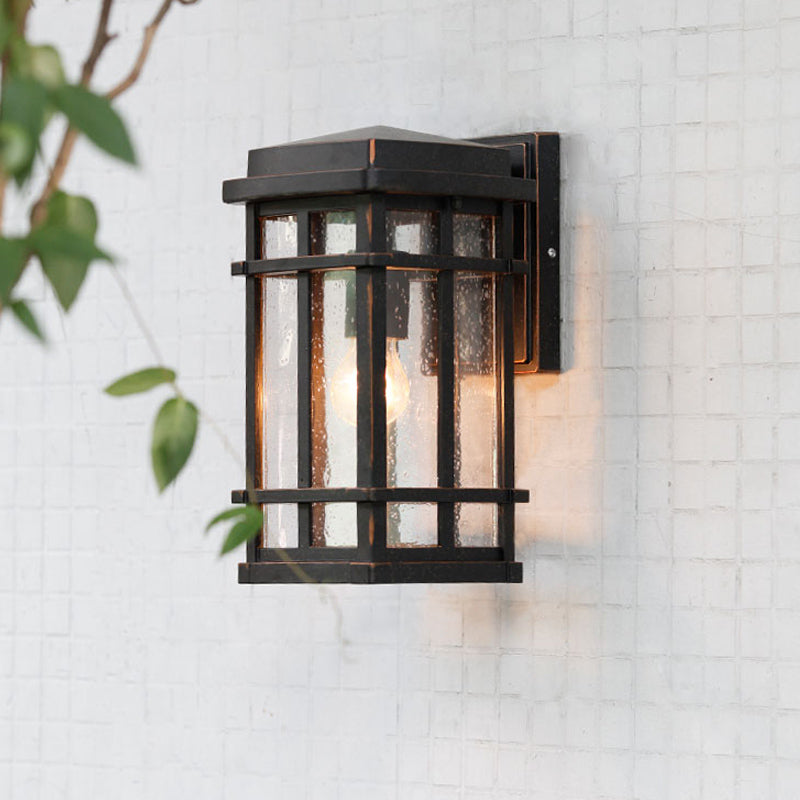 Rynx | Black 1 Bulb Wall Light Fixture Farmhouse Clear Seeded Glass Rectangle Wall Lamp with Metal Frame