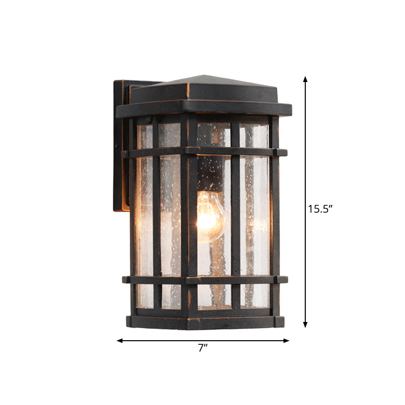 Rynx | Black 1 Bulb Wall Light Fixture Farmhouse Clear Seeded Glass Rectangle Wall Lamp with Metal Frame