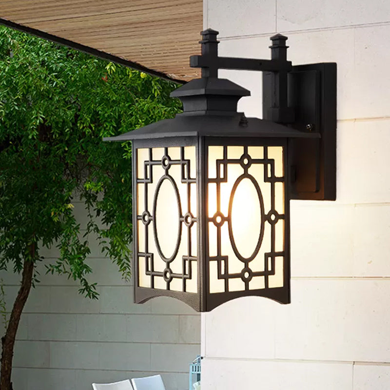 Rynx | 1 Cup Frosted Glass Wall Lighting Rustic Black/Bronze Lantern Shaped Courtyard Wall Lamp
