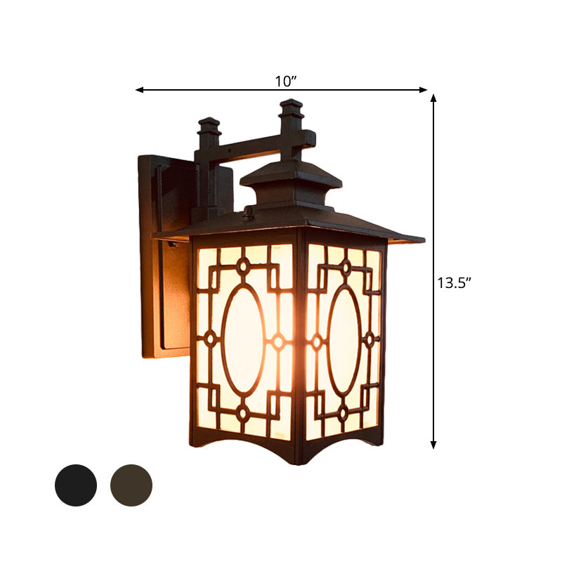 Rynx | 1 Cup Frosted Glass Wall Lighting Rustic Black/Bronze Lantern Shaped Courtyard Wall Lamp