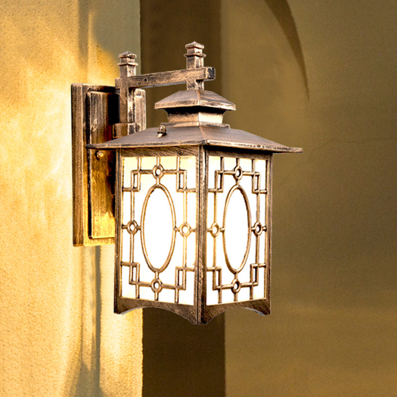 Rynx | 1 Cup Frosted Glass Wall Lighting Rustic Black/Bronze Lantern Shaped Courtyard Wall Lamp