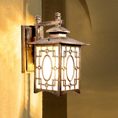 Rynx | 1 Cup Frosted Glass Wall Lighting Rustic Black/Bronze Lantern Shaped Courtyard Wall Lamp