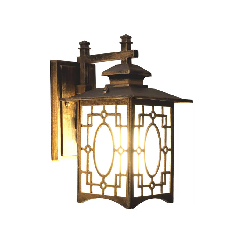 Rynx | 1 Cup Frosted Glass Wall Lighting Rustic Black/Bronze Lantern Shaped Courtyard Wall Lamp