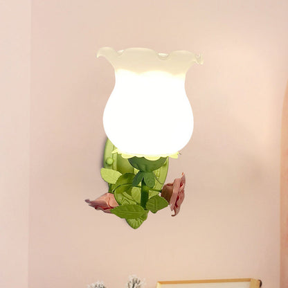 Rynx | 1 Light Sconce Light Fixture with Flower Glass Rustic Bedroom Wall Lamp with Bloom Deco in White/Green