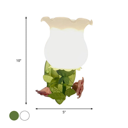 Rynx | 1 Light Sconce Light Fixture with Flower Glass Rustic Bedroom Wall Lamp with Bloom Deco in White/Green