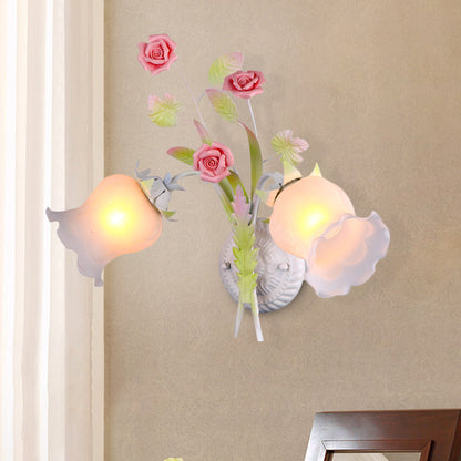 Rynx | Floral Wall Lamp Country 2 Lights Opal Glass Wall Lamp Fixture with Flower Deco in Green/White/Pink