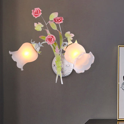 Rynx | Floral Wall Lamp Country 2 Lights Opal Glass Wall Lamp Fixture with Flower Deco in Green/White/Pink