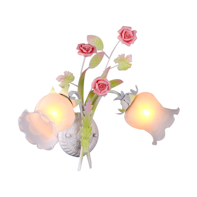 Rynx | Floral Wall Lamp Country 2 Lights Opal Glass Wall Lamp Fixture with Flower Deco in Green/White/Pink