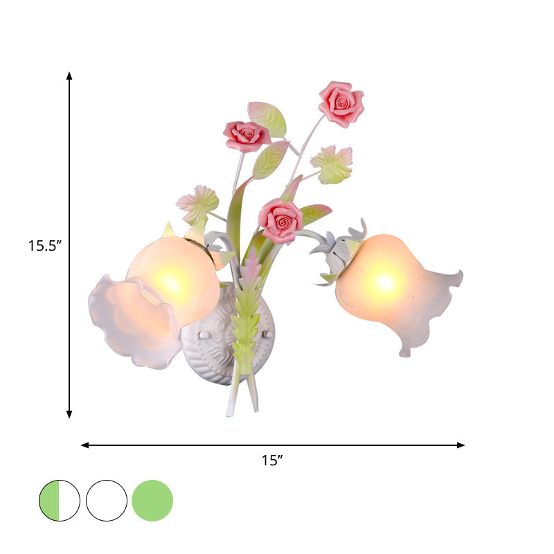 Rynx | Floral Wall Lamp Country 2 Lights Opal Glass Wall Lamp Fixture with Flower Deco in Green/White/Pink