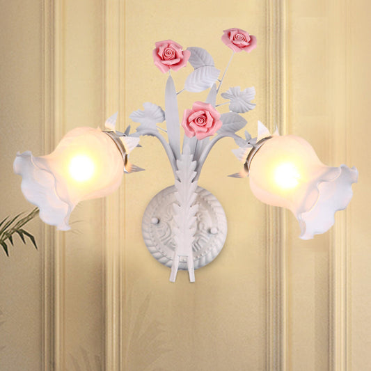 Rynx | Floral Wall Lamp Country 2 Lights Opal Glass Wall Lamp Fixture with Flower Deco in Green/White/Pink