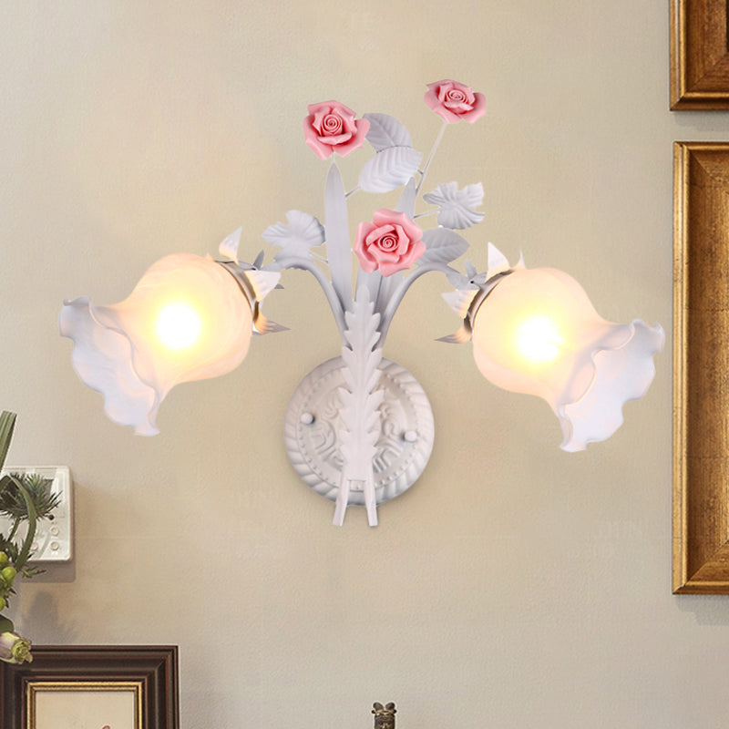 Rynx | Floral Wall Lamp Country 2 Lights Opal Glass Wall Lamp Fixture with Flower Deco in Green/White/Pink