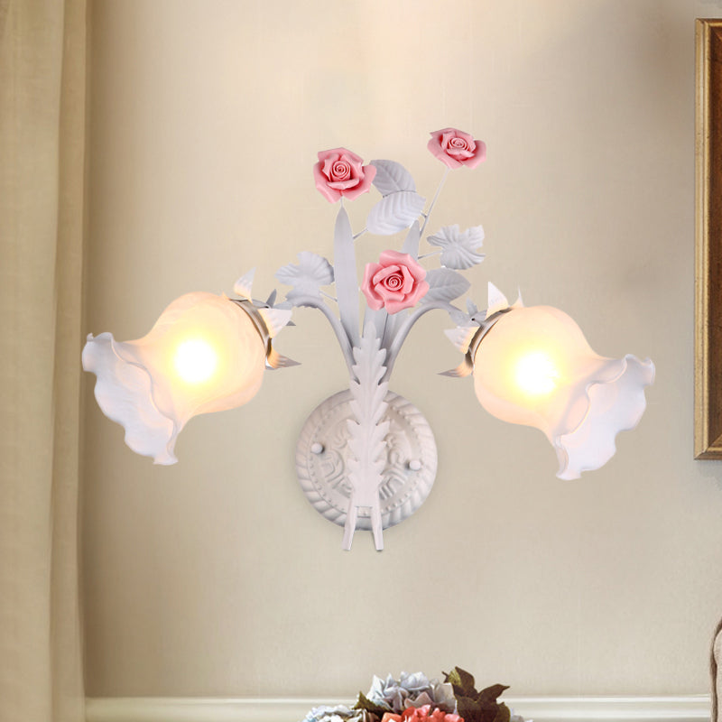 Rynx | Floral Wall Lamp Country 2 Lights Opal Glass Wall Lamp Fixture with Flower Deco in Green/White/Pink