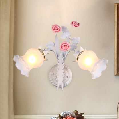 Rynx | Floral Wall Lamp Country 2 Lights Opal Glass Wall Lamp Fixture with Flower Deco in Green/White/Pink