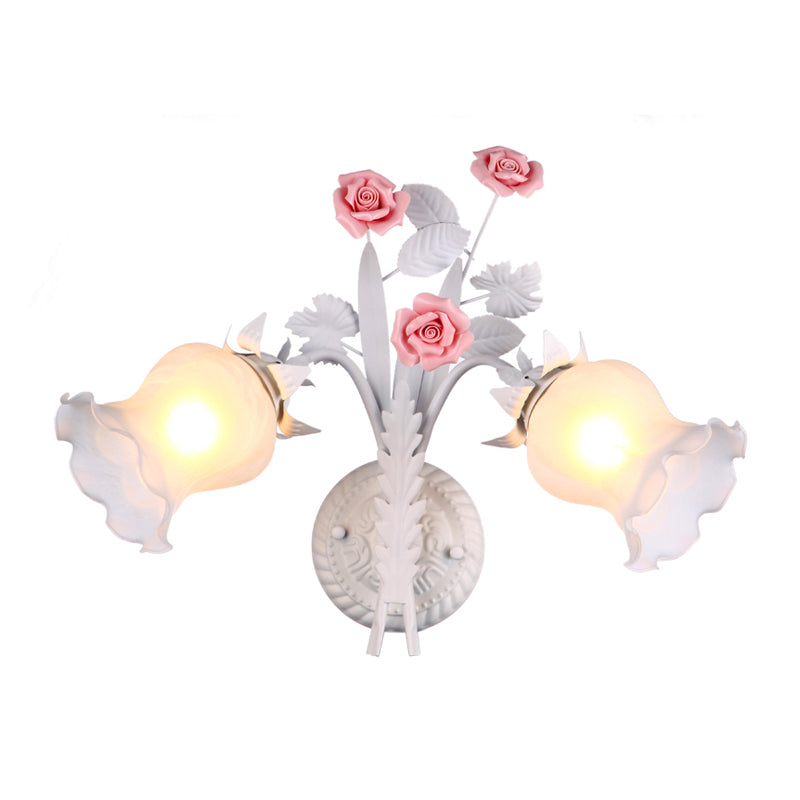 Rynx | Floral Wall Lamp Country 2 Lights Opal Glass Wall Lamp Fixture with Flower Deco in Green/White/Pink