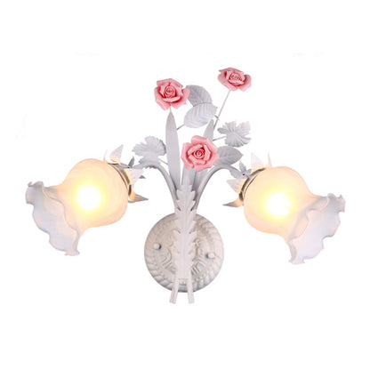 Rynx | Floral Wall Lamp Country 2 Lights Opal Glass Wall Lamp Fixture with Flower Deco in Green/White/Pink