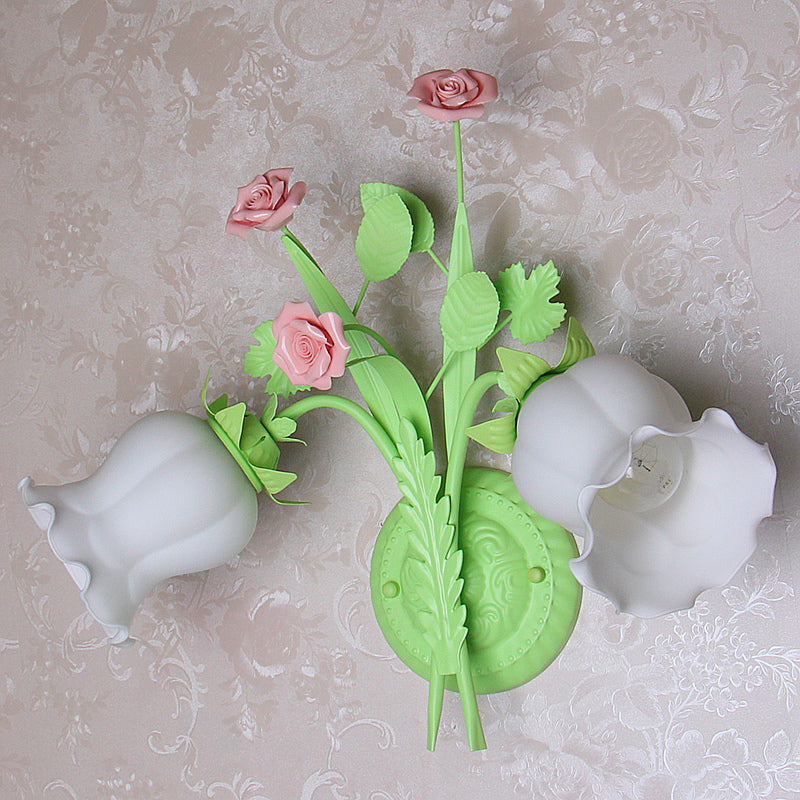 Rynx | Floral Wall Lamp Country 2 Lights Opal Glass Wall Lamp Fixture with Flower Deco in Green/White/Pink