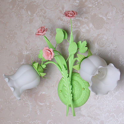 Rynx | Floral Wall Lamp Country 2 Lights Opal Glass Wall Lamp Fixture with Flower Deco in Green/White/Pink