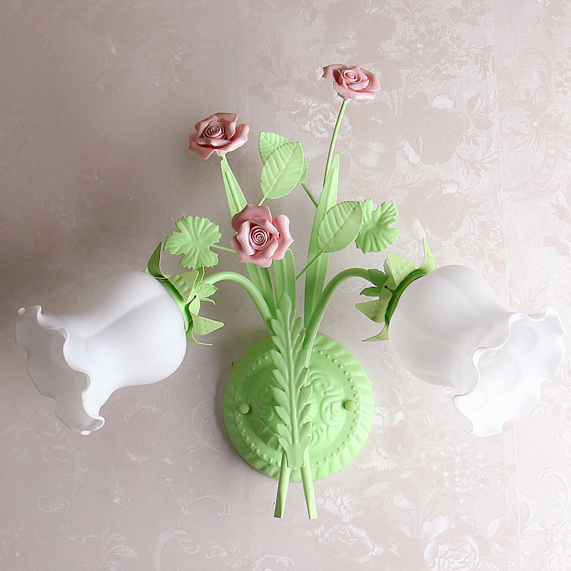 Rynx | Floral Wall Lamp Country 2 Lights Opal Glass Wall Lamp Fixture with Flower Deco in Green/White/Pink