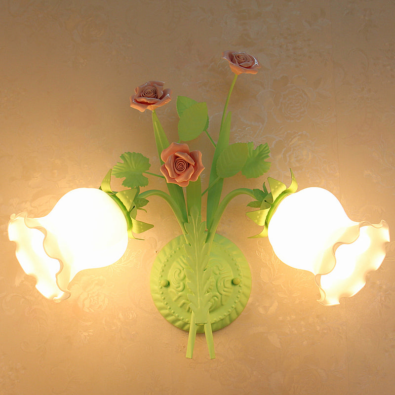Rynx | Floral Wall Lamp Country 2 Lights Opal Glass Wall Lamp Fixture with Flower Deco in Green/White/Pink
