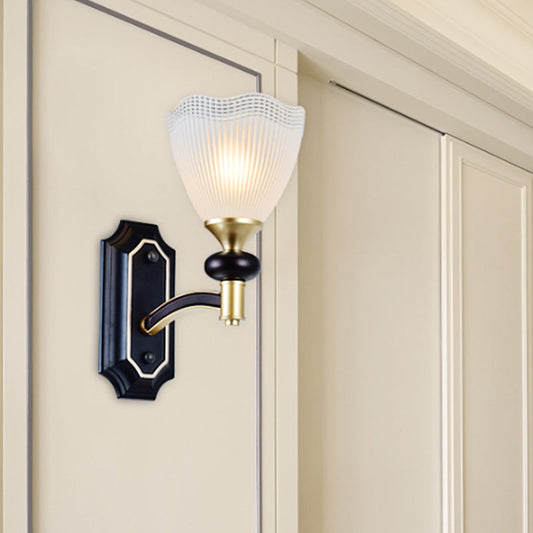 Rynx | Gridded Translucent Glass Cone Wall Lamp Farmhouse 1/2 Light Indoor Wall Mount Lighting in Black and Gold