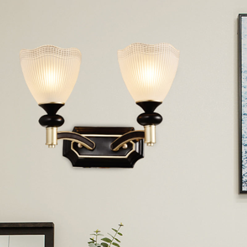 Rynx | Gridded Translucent Glass Cone Wall Lamp Farmhouse 1/2 Light Indoor Wall Mount Lighting in Black and Gold
