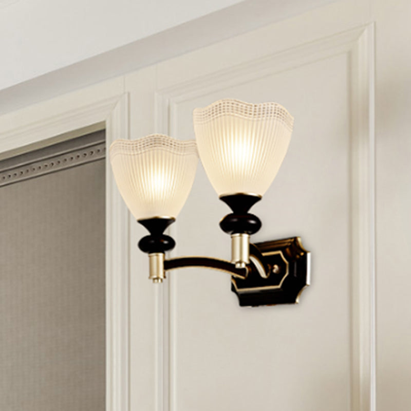 Rynx | Gridded Translucent Glass Cone Wall Lamp Farmhouse 1/2 Light Indoor Wall Mount Lighting in Black and Gold