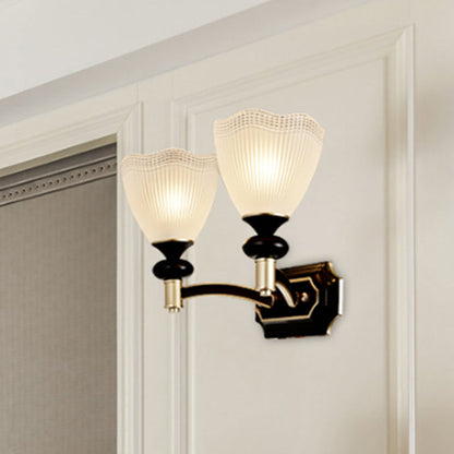 Rynx | Gridded Translucent Glass Cone Wall Lamp Farmhouse 1/2 Light Indoor Wall Mount Lighting in Black and Gold