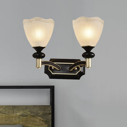 Rynx | Gridded Translucent Glass Cone Wall Lamp Farmhouse 1/2 Light Indoor Wall Mount Lighting in Black and Gold