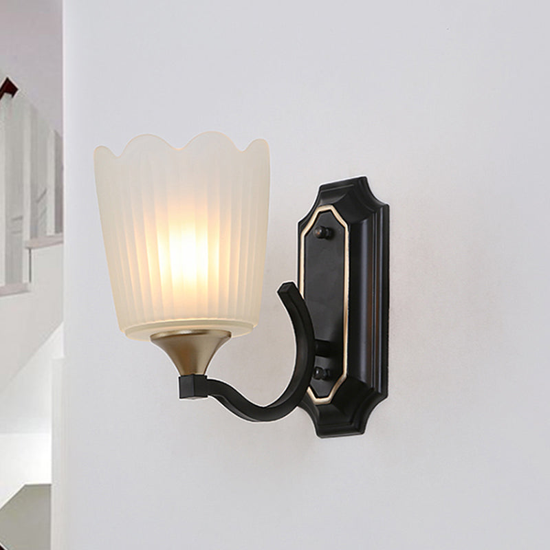 Rynx | 1/2-Light Scalloped Cup Wall Lamp Vintage Black Finish Frosted Glass Wall Mount Lamp