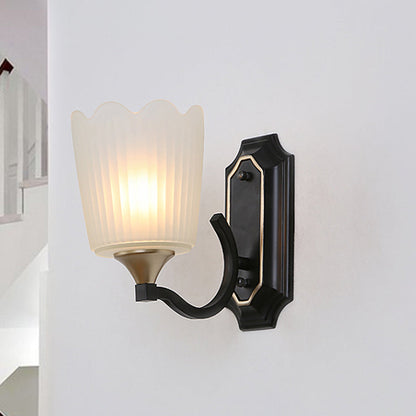 Rynx | 1/2-Light Scalloped Cup Wall Lamp Vintage Black Finish Frosted Glass Wall Mount Lamp